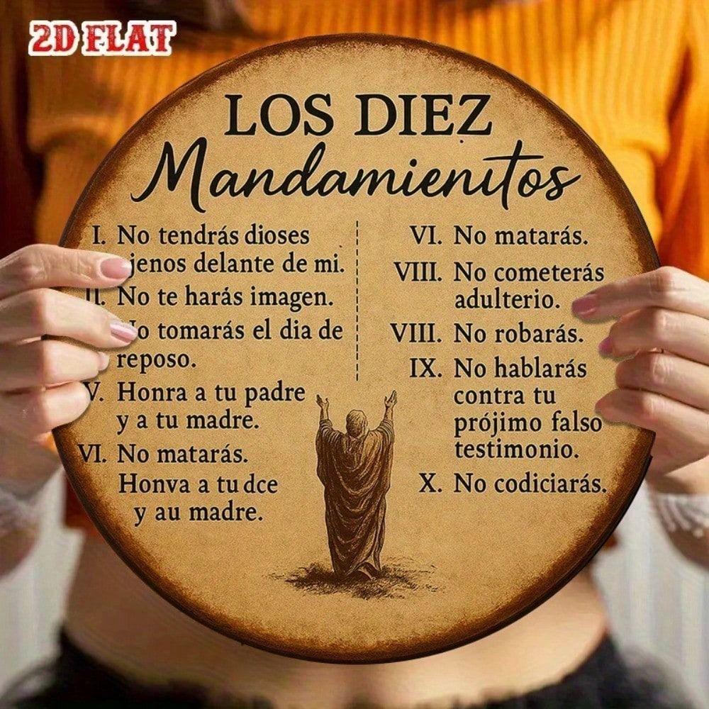 Vintage 10 Commandments Tin Sign Spanish Text Religious Metal Wall Decor