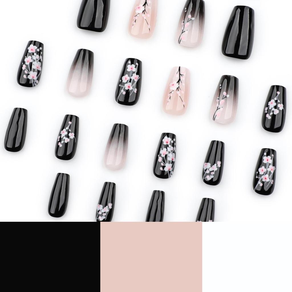 Black Gradient Plum Blossom Nail Pieces - Short Ballet, Detachable, New Chinese Style, Wearable