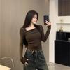 Women's Off Shoulder Asymmetrical Neck Long Sleeve Top Slim Fit Elegant Commuter Solid Color Brushed Fleece Fall Skinny Base Layer T-Shirt