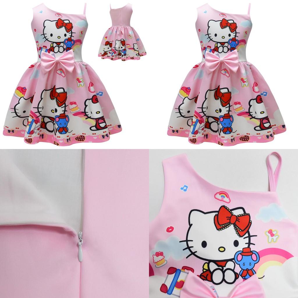 Ärmelloses Kleid mit Hello Kitty Cartoon-Print und Rüschendetails für das Frühlings-Verkleiden