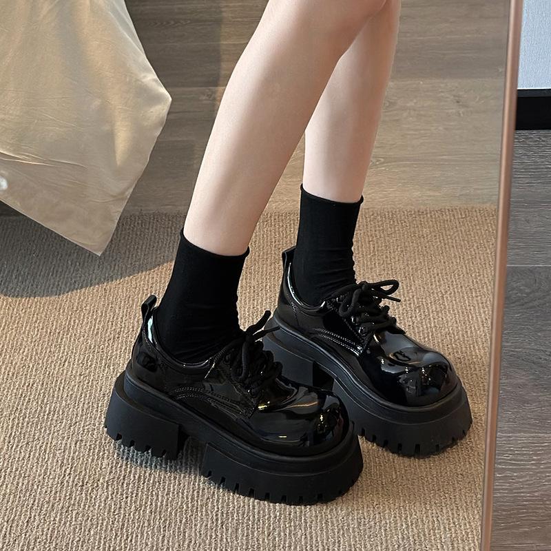 

женские весенние новые туфли на толстой подошве темно-красные с большой головкой из маленькой кожи, с мягким верхом, легкие, нишевые одинарные туфли 40 чёрный