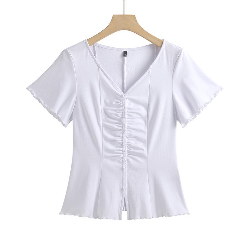 Frühling/Sommer 2025 Damen V-Ausschnitt Kurzarm T-Shirt - Koreanischer Stil mit süßen Rüschenärmeln