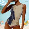 Women Plus Size High Round Neck Sleeveless One Piece American Flag Printed Swimsuit