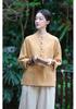 2025 Autumn Cotton Linen Women's Color Block Stand Collar Frog Button Pullover Plus Size Top