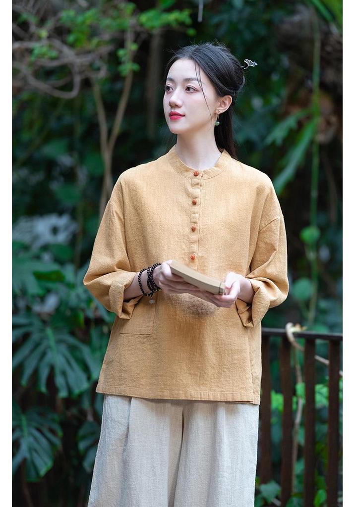 2025 Autumn Cotton Linen Women's Color Block Stand Collar Frog Button Pullover Plus Size Top