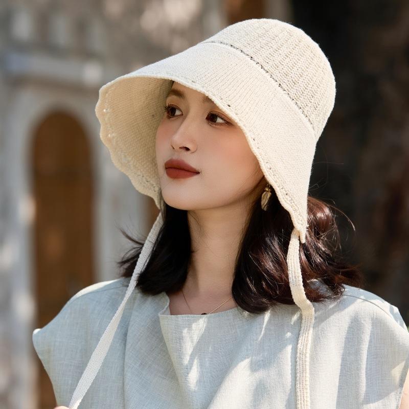 Sonnenhut Damenmode Gestrickter Fischerhut Vielseitiger Stil Outdoor Spitzenband Fischerhut