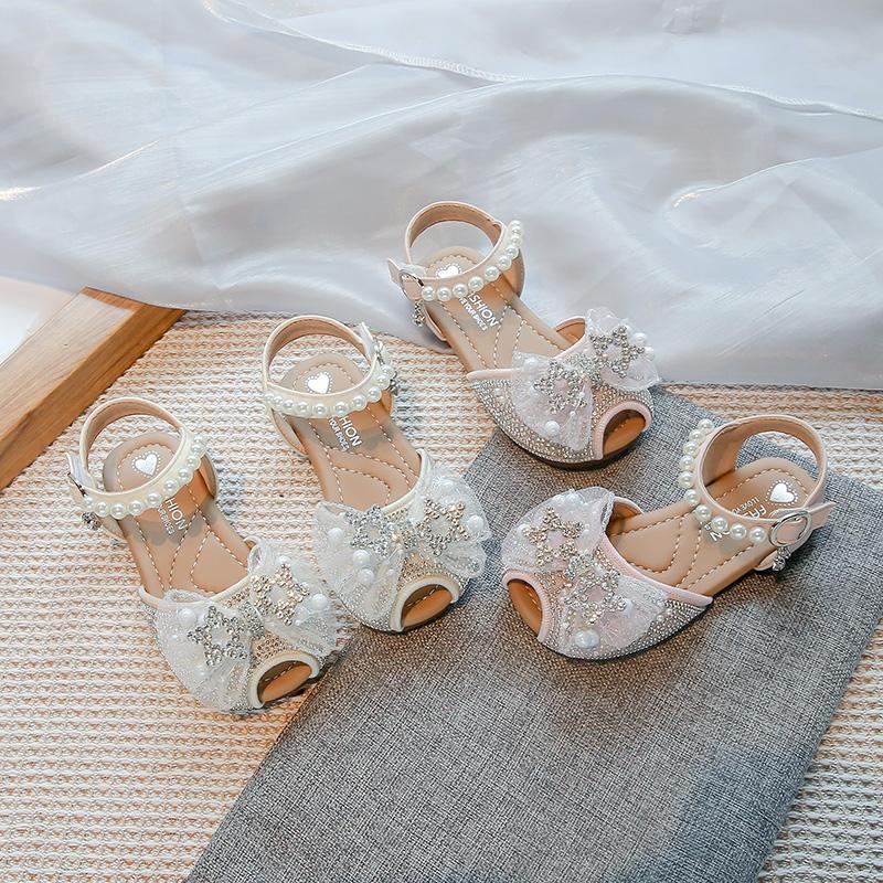 Girls Sandals Sweet Lace Bows Kids Princess Dance Shoes Peep Top Sandals 2025 Summer New Children Dress Shoes for Wedding Party