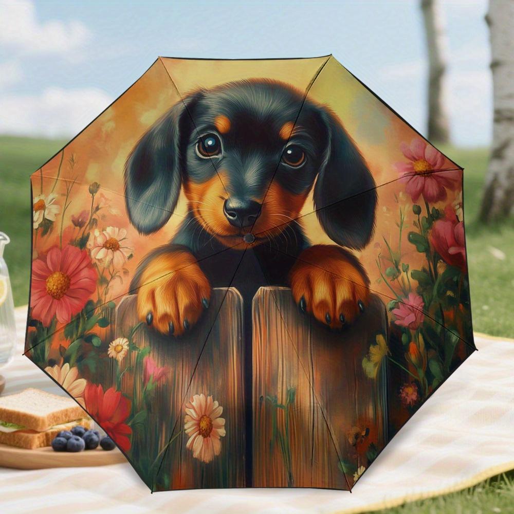 1pc Automatic Open/Close Umbrella with Dachshund Puppy & Floral Fence Design - 8-Rib Sturdy Frame, Lightweight Compact Folding