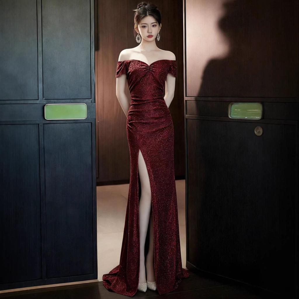 Champagne Shoulder Sequin Dress Vocal Art Candidates Fish Tail Beautiful Engagement Bride Toast Dress Split Forked Dress