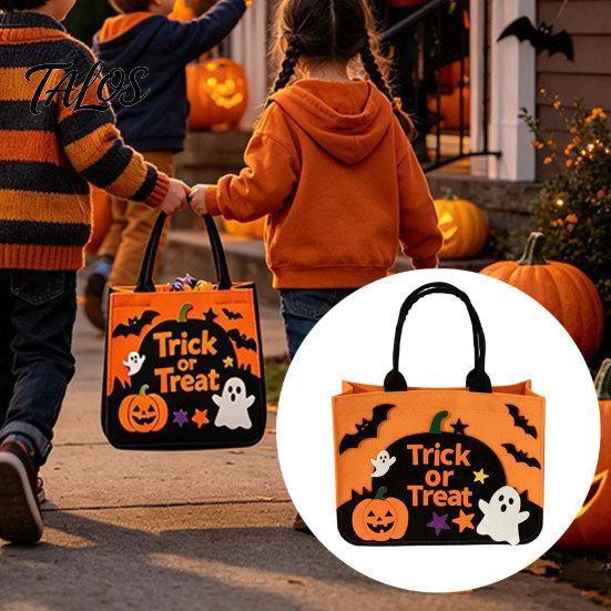 Trick Or Treat Candy Holder Halloween or Bag, Felt Goodie Bag with Pumpkin Ghost Patches, Child-friendly Large Tote for Kids, Party Favor, Haunted