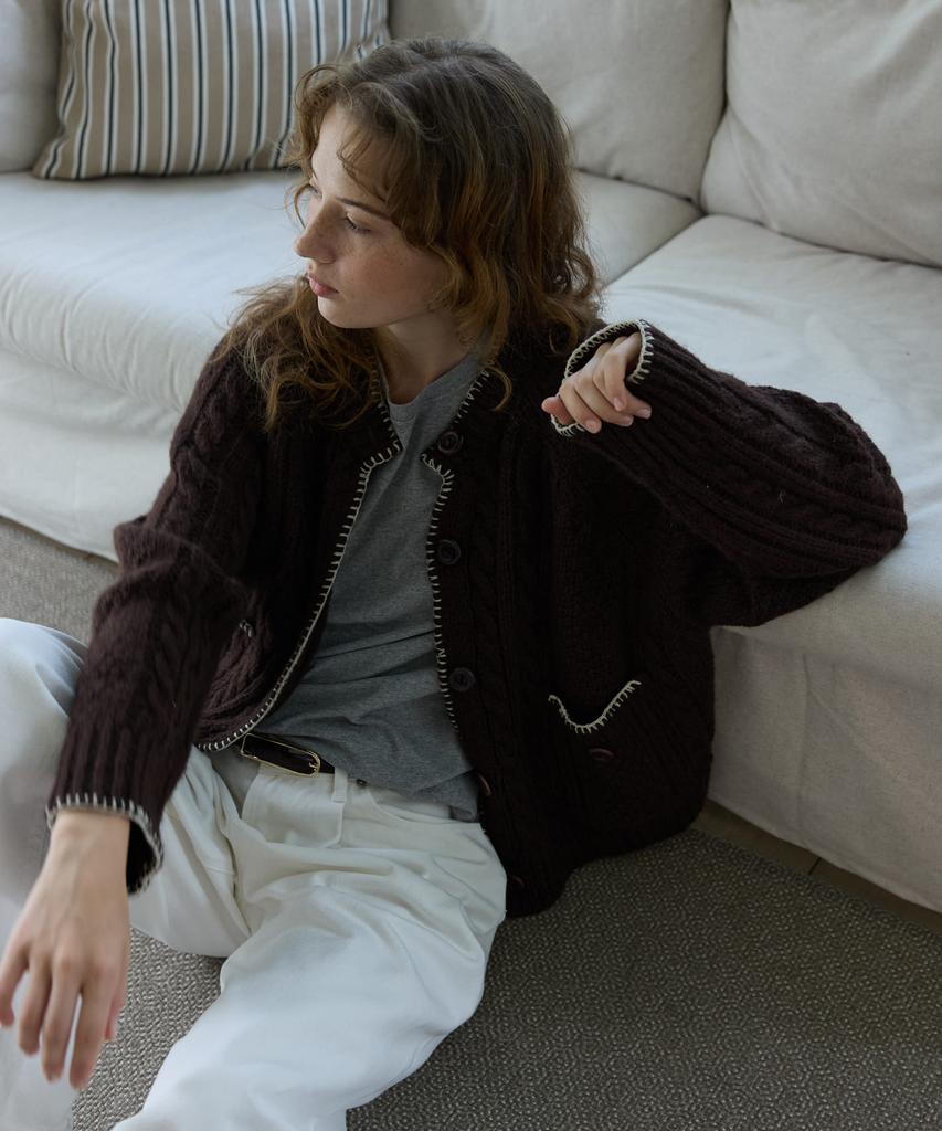 OPENDOORSTUDIO Whipstitch Cable Cardigan Brown
