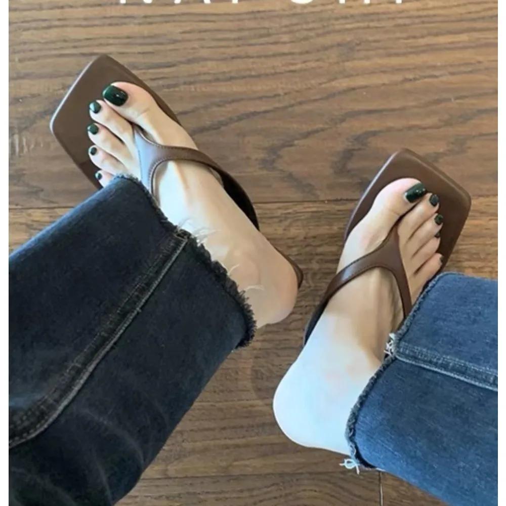 Nuovi sandali estivi in morbida pelle, punta quadrata, gatto, con infradito, da donna, moda, cinturino sottile, tacco sottile, suola morbida, infradito