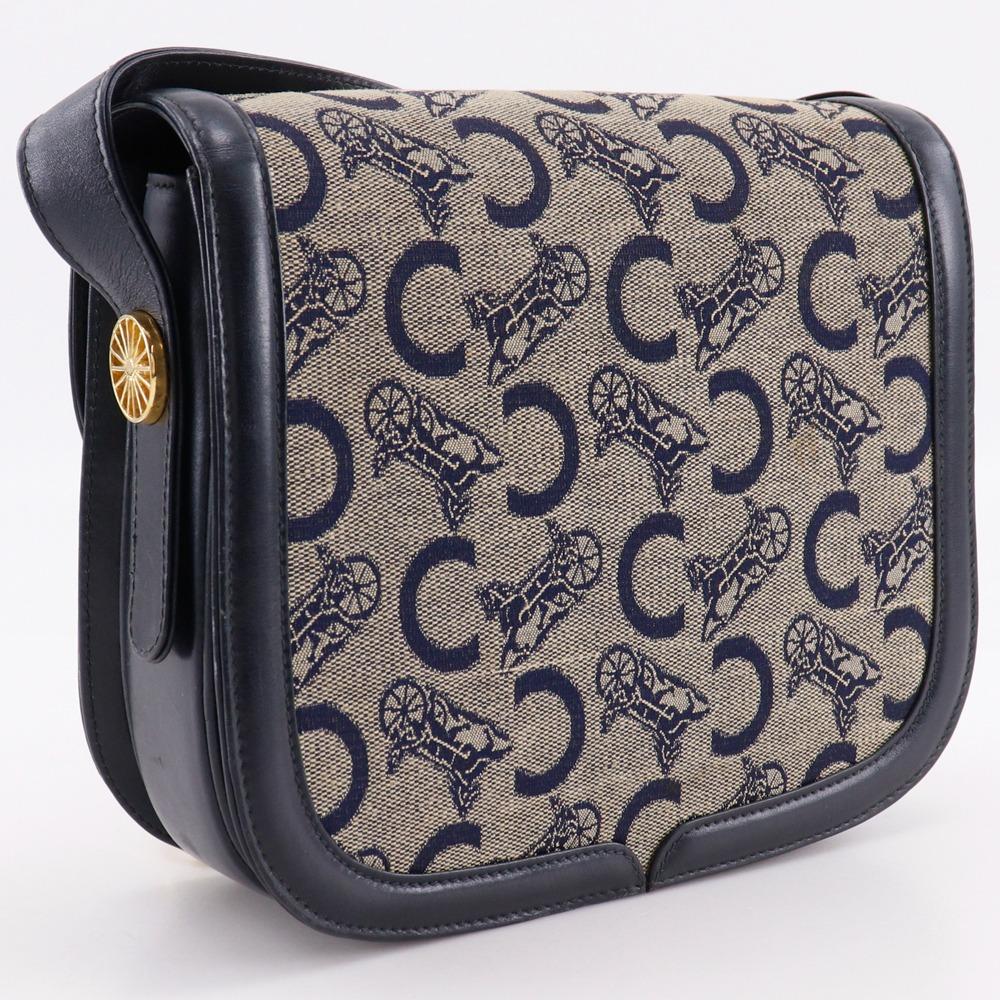 CELINE Old Celine Shoulder Bag Macadam Horse Hardware vintage Navy blue canvas/leather Women Used