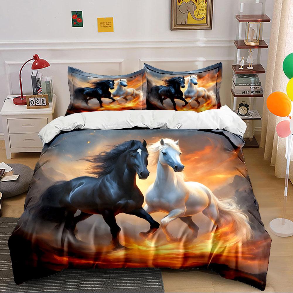 Fiery Black and White Horses Bedding Duvet Cover Set (1*Duvet Cover 2*Pillowcases, Without Duvet Insert)