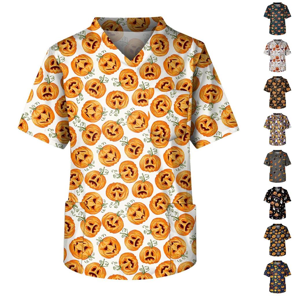 Fashion Men's Short Sleeve V Neck Halloween Printing Working Chest Pocket Carer Top