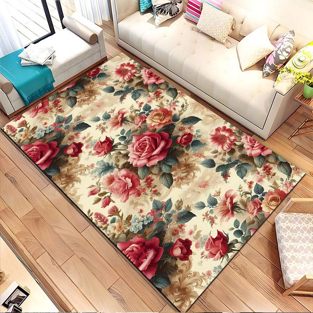 Vintage Floral Elegance Rug Design Patterned Carpet, Non Slip Mat Suitable for Living Room and Bedroom Sofas