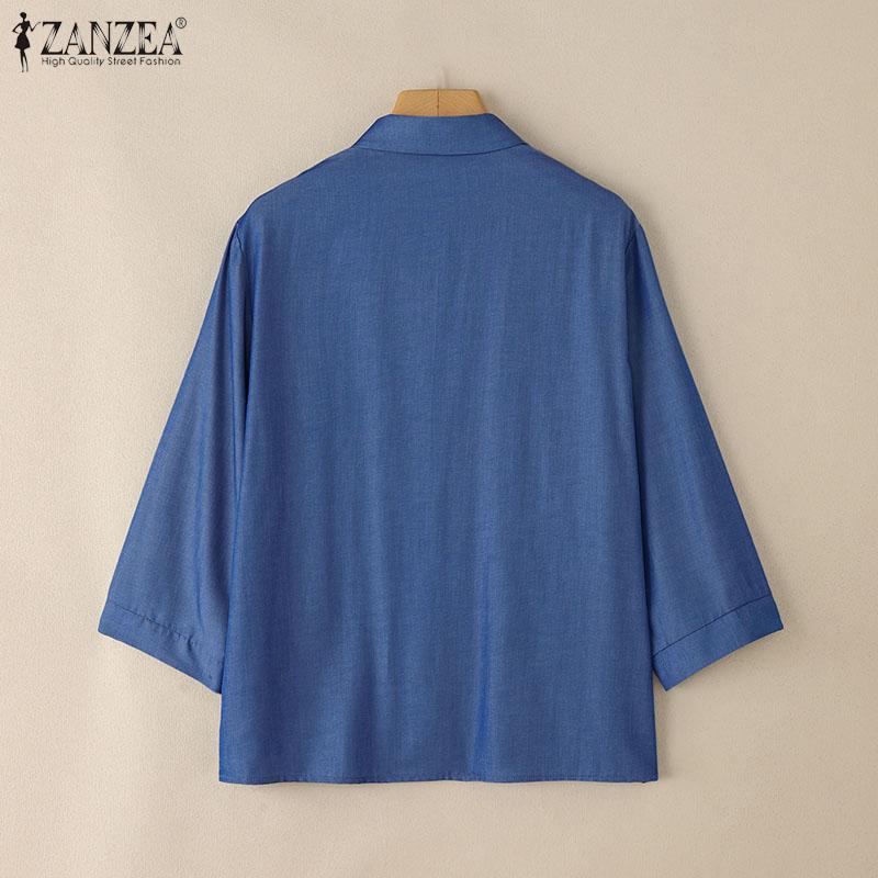 ZANZEA Dame Bluse med nedbrettskrage, 3/4-ermer, løs passform, broderi