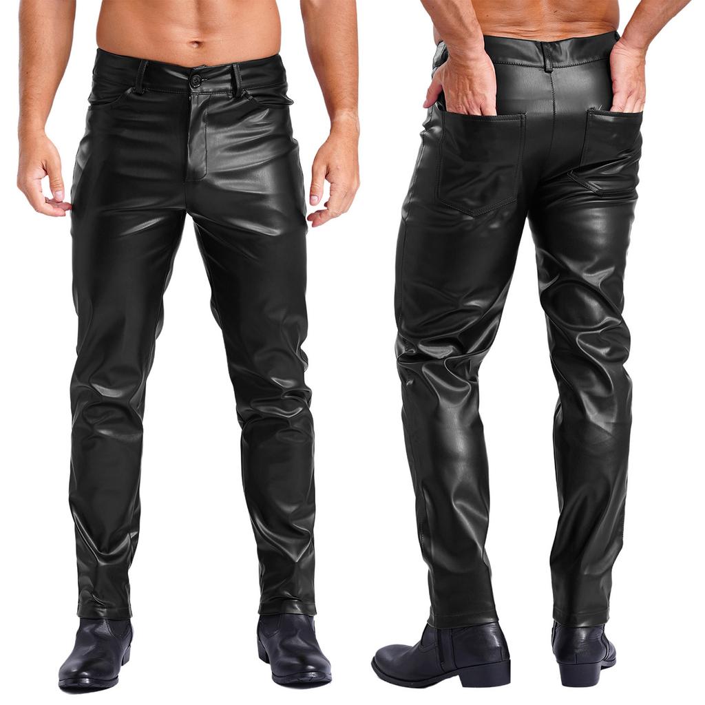 Mens Faux Leather Straight Leg Pants Smooth Lining Tights Leggings Music Festival Daily Outfit