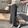 Korean Fashion Autumn Winter Women Split Skirt High Waist Waffle Pattern Knitting Skirt Knitted Elegant Feminine Black Gray Skirts