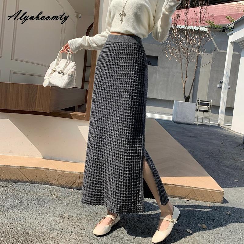 Korean Fashion Autumn Winter Women Split Skirt High Waist Waffle Pattern Knitting Skirt Knitted Elegant Feminine Black Gray Skirts