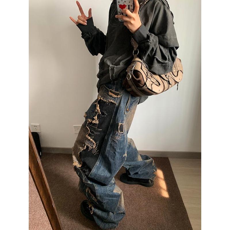High Street Fashion Wide Leg Pants Women American Retro Distressed Wash Destroyed Scimitar Pants Color Blocking Design