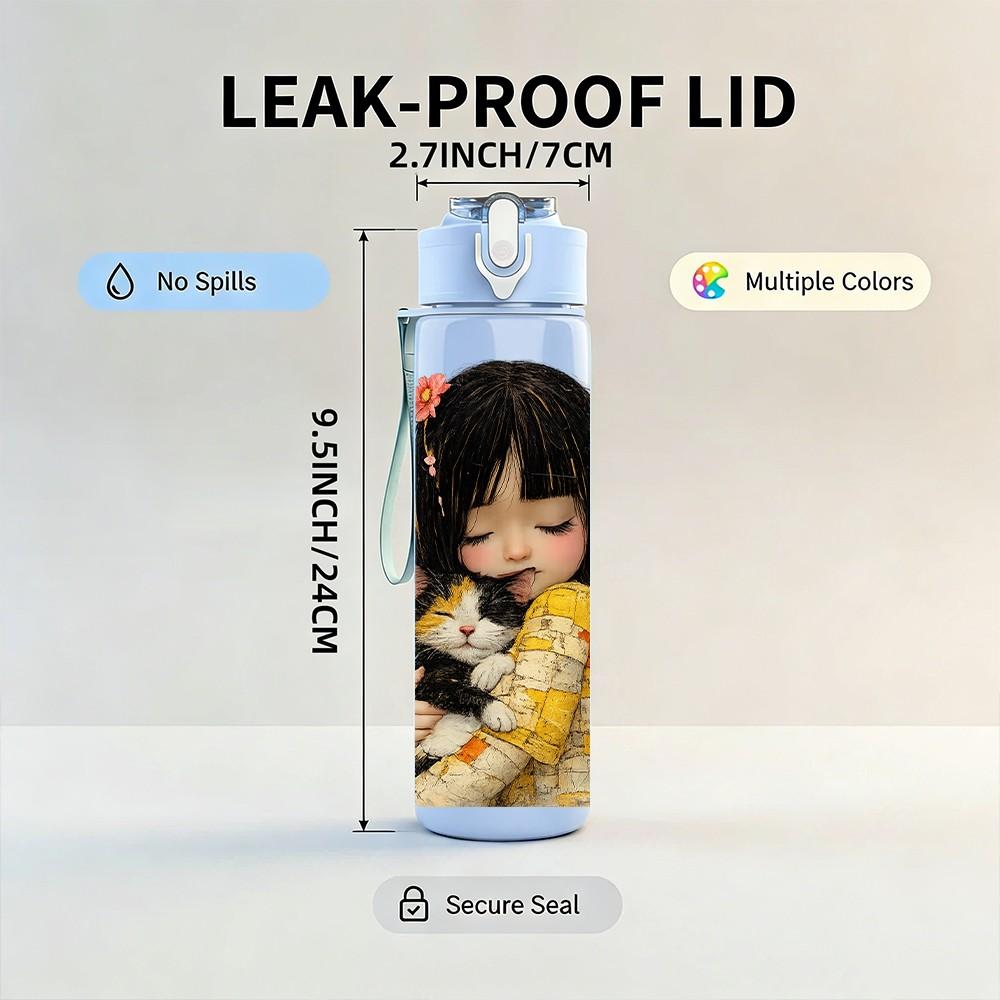 1PC Little Dark Hair Girl Hug Doll Print 750ml Color Plastic Sports Water Bottle Leakproof Flip Straw Lid Suitable for Sports Office Home Use