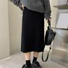 Women Midi Skirt High-Waisted Solid Color Casual Style Knitting Skirt Autumn Winter Side Split Hem Skirt Versatile Daily Wear