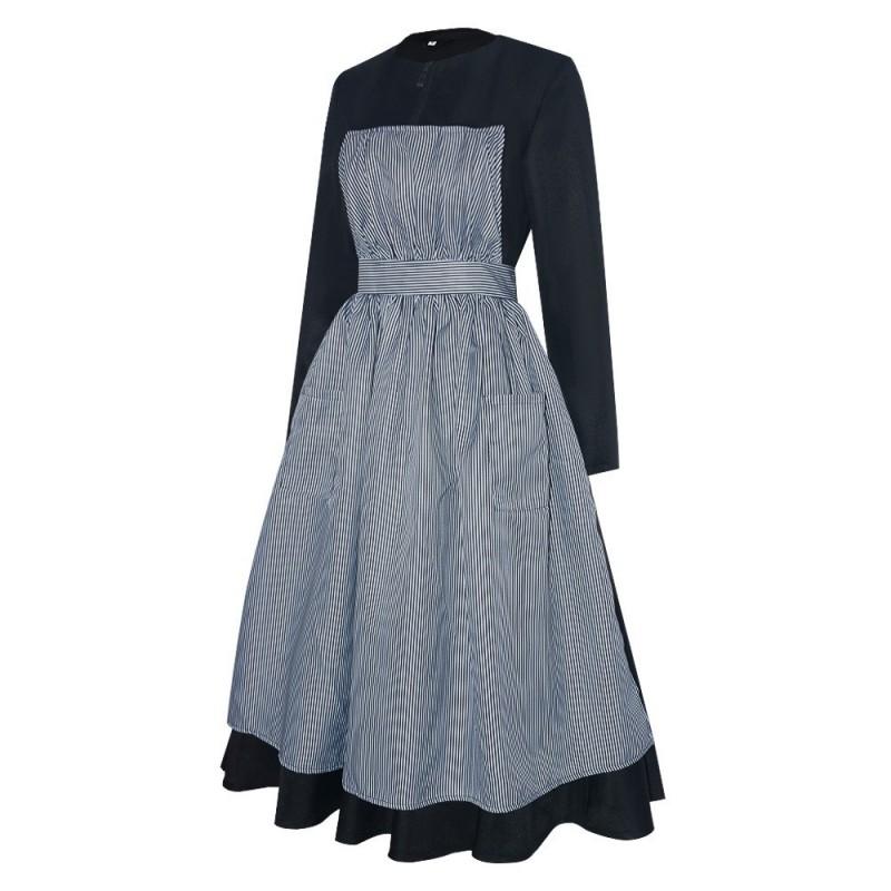Halloween Maria Cosplay Costume Black White Striped Apron Dress Sound Of Music Nun Outfit Party Performance