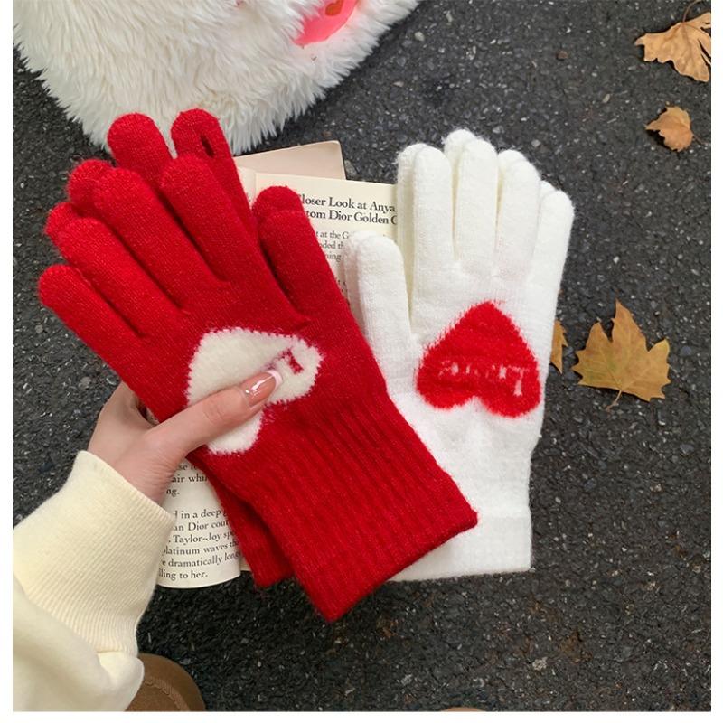 New Red Love Gloves for Women In Winter Riding Students' Finger Gloves All-inclusive Touch Screen To Keep Warm and Cold Driving