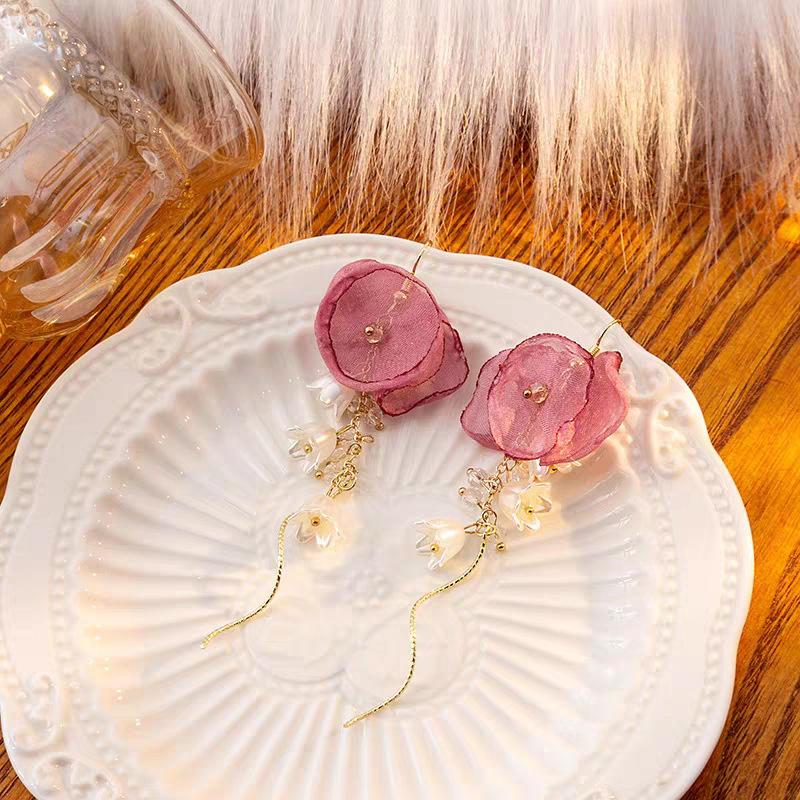 Ambience Rose Petal Earrings New Chinese Retro Niche Gauze Camellia Flower Tassel Earrings National Wind Earrings
