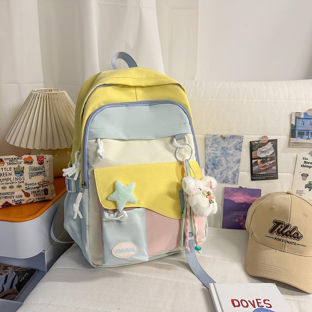 Schoolbag Japanese ins high value fresh and sweet backpack large capacity lightweight backpack contrasting color junior high school student schoolbag