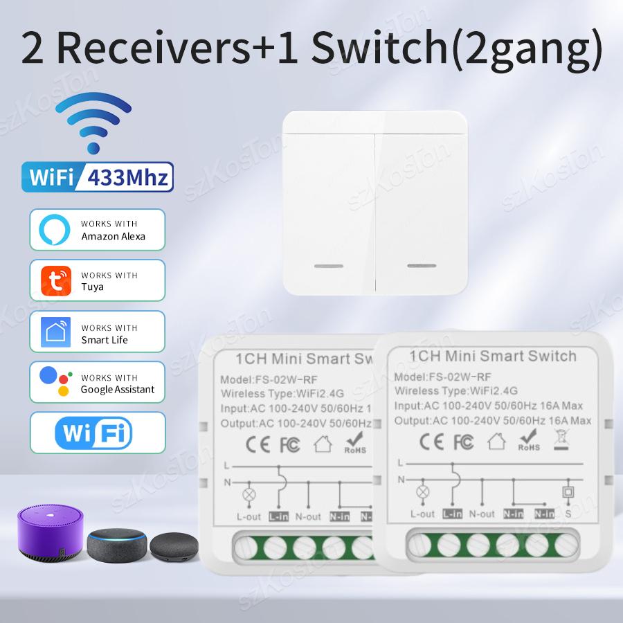16A Tuya WiFi Smart Switch with RF433 Remote Control 1/2/3 Gang Wireless Wall Switch Mini Breaker Voice Control for Alexa Google