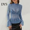 Camicie da Donna Casual Top Collo Alto Manica Lunga Svasata Vestibilità Aderente Camicia Colore Unico Trasparente Ricamo Intrecciato Motivo Floreale Camicette