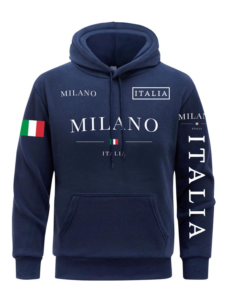 New Autumn and Winter Italian Flag Milan City Print Men's Pure Cotton Hoodie Casual Simple Large Size Street Jumper Sweatshirt