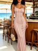 Women's Modern Elegant Casual Fashion Spring Summer Autumn Clothing Suspender Bodycon Mermaid Dress with Pink, Brown and Black Striped Print Pattern