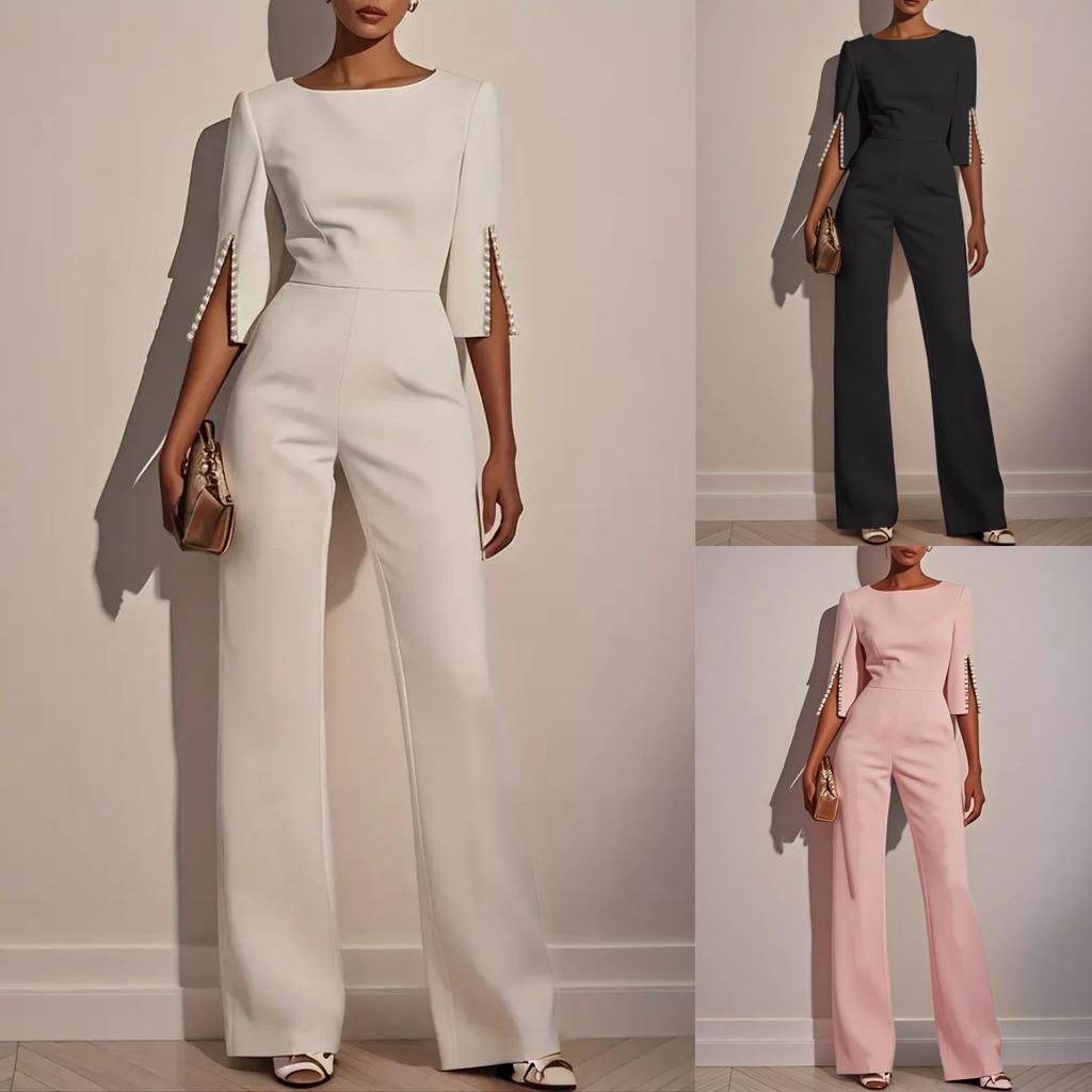 women's Pearl Embellished 3/4 Sleeve Solid Color Slim Fit Straight Leg Jumpsuit Evening Party Romper
