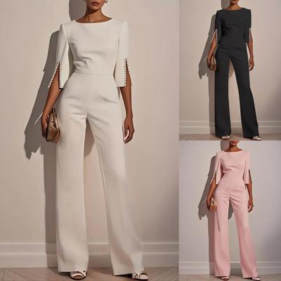 Combinaison pour femme à manches 3/4, ornée de perles, couleur unie, coupe ajustée, jambe droite, Combinaison pour soirée