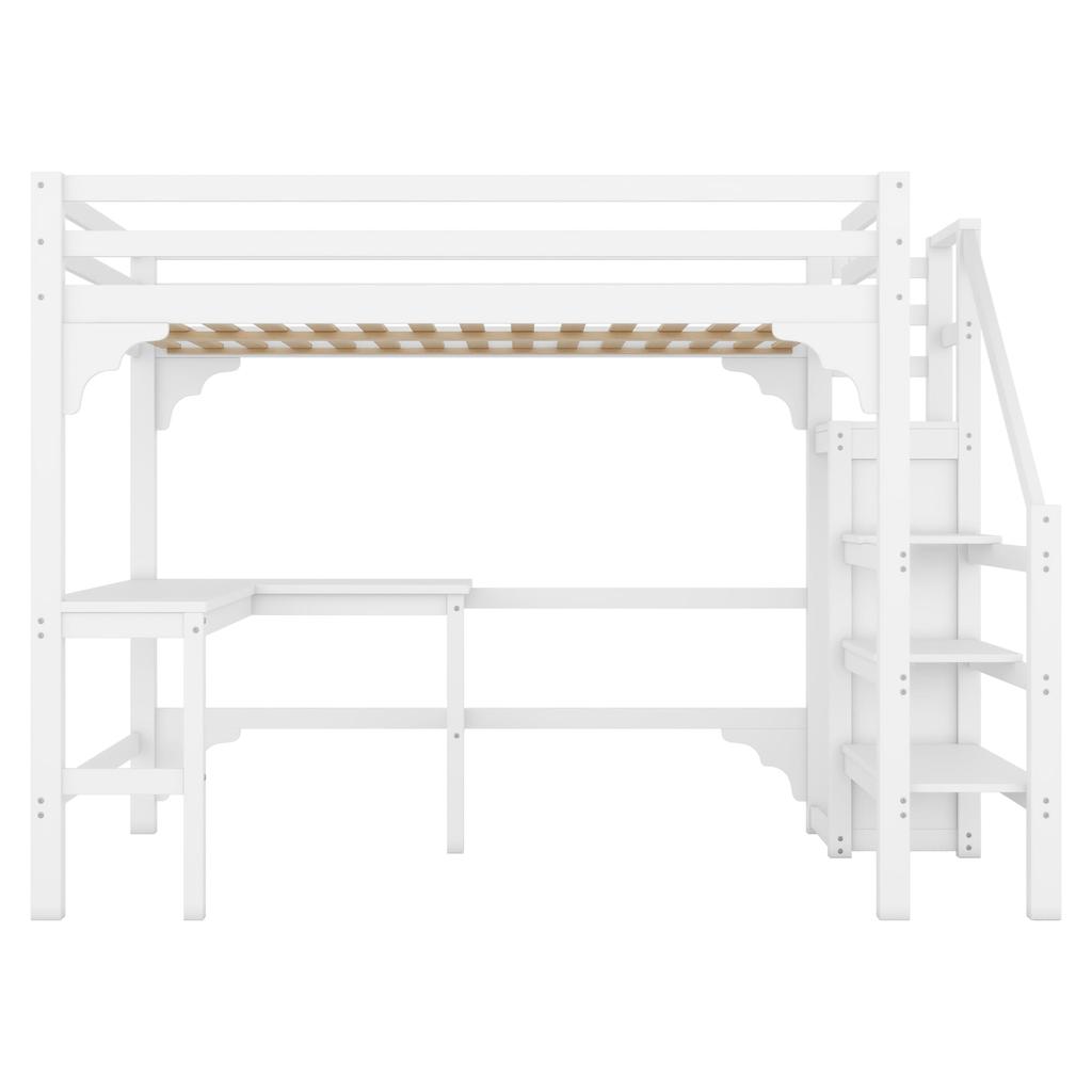 Bunk Bed 140x200 Cm, Children's Bed with L-shaped Desk, Open Wardrobe, Storage Ladder, and Side Rails, Made of Pine Wood Without Mattress
