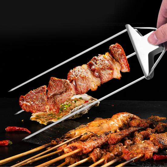 3-Prong BBQ Skewers Set Stainless Steel Grill Skewers with Push Slider Bar Dishwasher Safe Three-Prong Kabob Sticks for Meat Veggies Shrimp