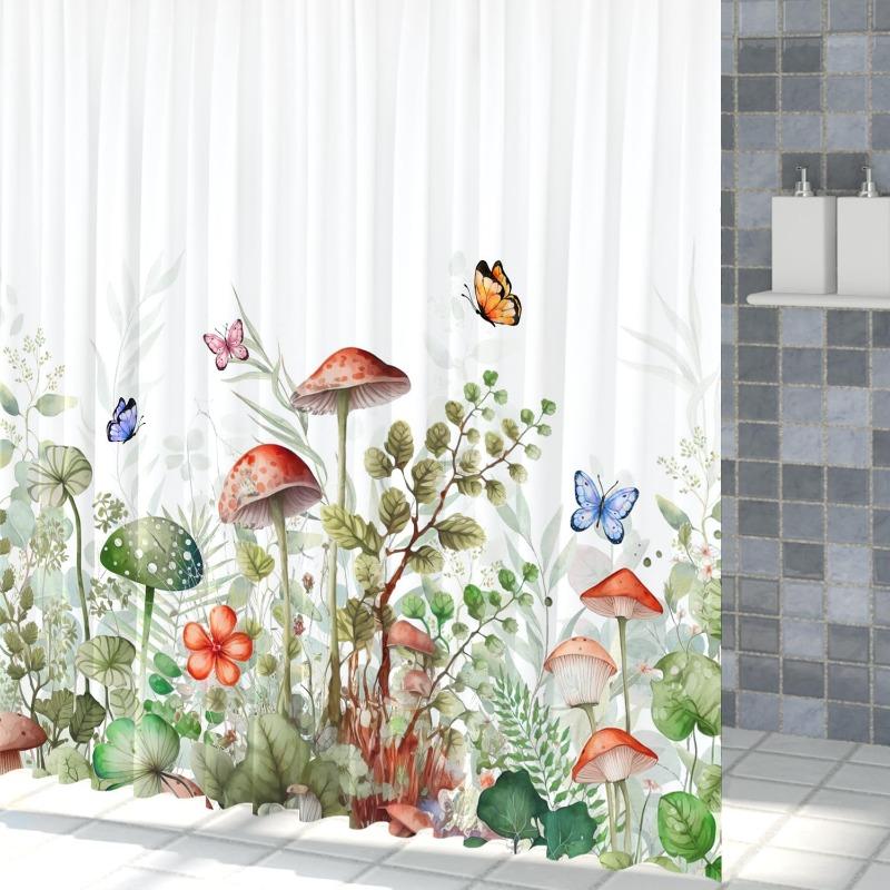 Mushroom And Butterfly Shower Curtain Forest Nature Art Bathroom Decor Whimsical Garden Design Waterproof Bath Curtain