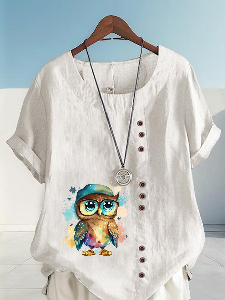 Women's Fashion Cool Owl Print Round Neck Short Sleeve T-shirt Casual Cotton Linen Graphic Shirt Leisure Loose Summer Blouse Tops