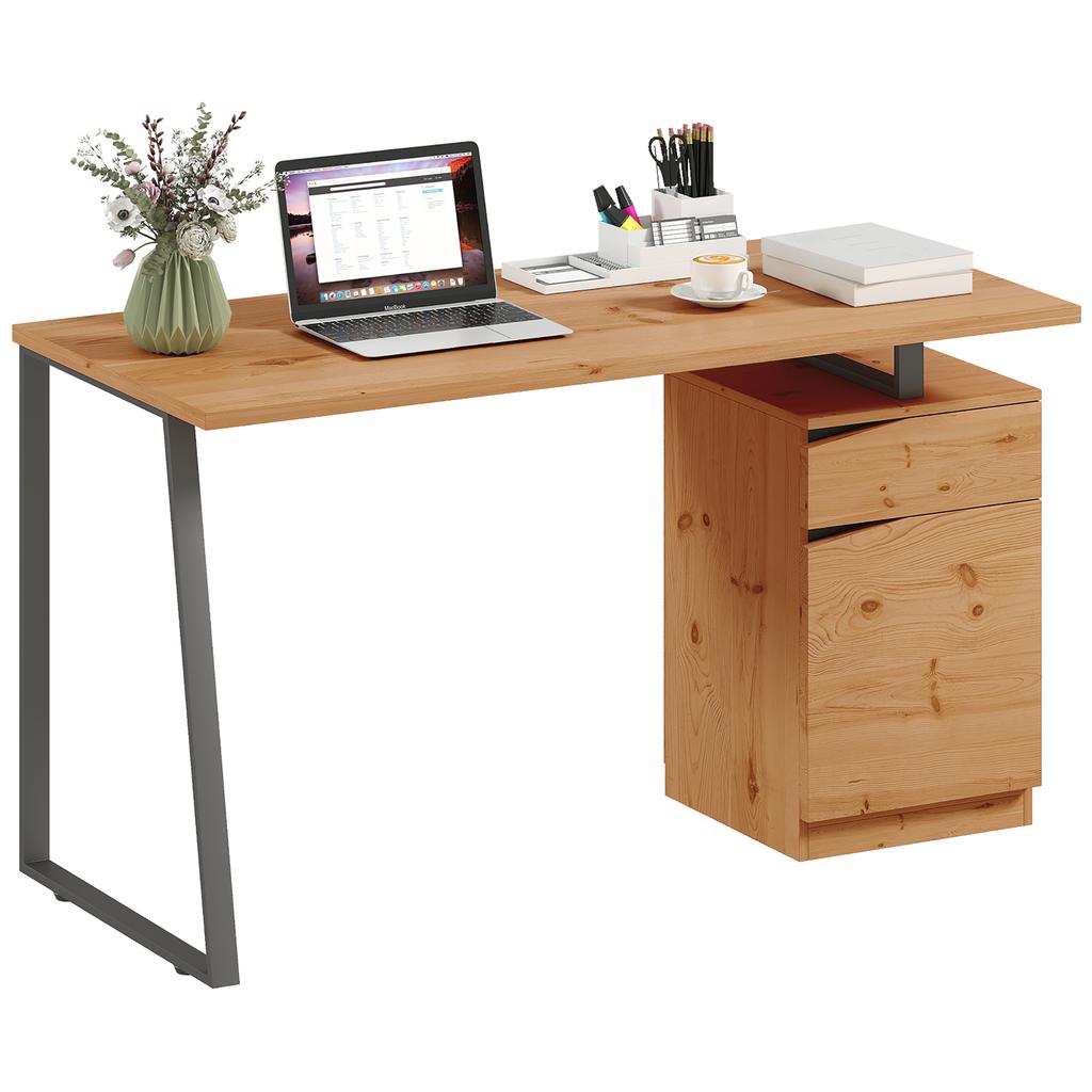 Computer Desk, Writing Desk with Cabinet, Drawer, Metal Legs, Work Table for Home Office Study, Natural Wood Finish