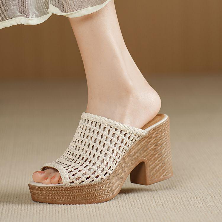 

Womens High Heels Sandal Retro Hollow Out Mesh Braided Wedge Heel Slipper Summer Simple Versatile Daily Casual Platform 2026 39EU/CN40 бежевий