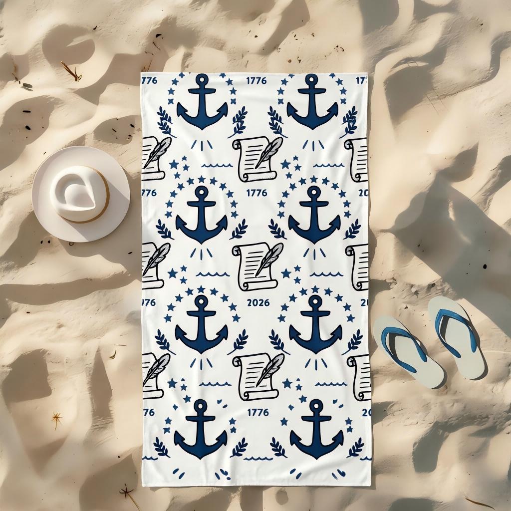 Nautical 1776 Anchor Pattern Beach Towel, Soft Microfiber Quick Dry Towel, Absorbent Towel for Swimming Travel Camping