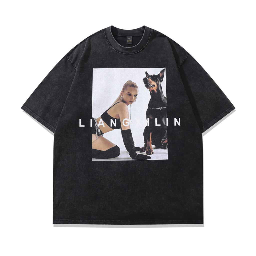 American High Street Doberman Gangster Printed Washed Old Short Sleeve T-Shirt Men'S And Women'S Vintage Vintage Half Sleeve