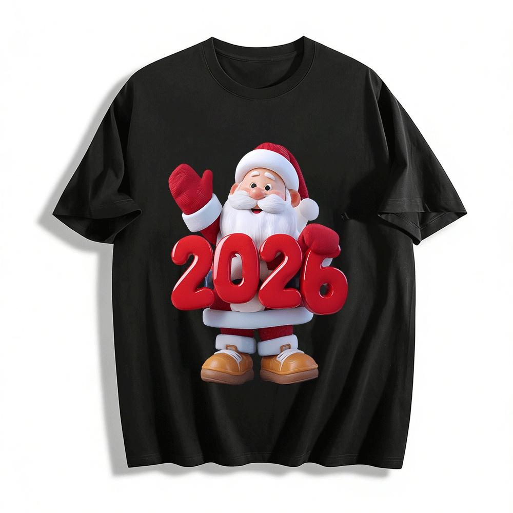 

2026 Christmas Santa Print Casual Versatile Holiday Top Pure cotton T-shirt XXS