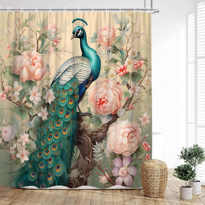 Floral Peacocks Shower Curtain Tree Cave Jungle Flowers Green Plants Birds Modern Home Bathroom Decor Bath Curtains With Hooks