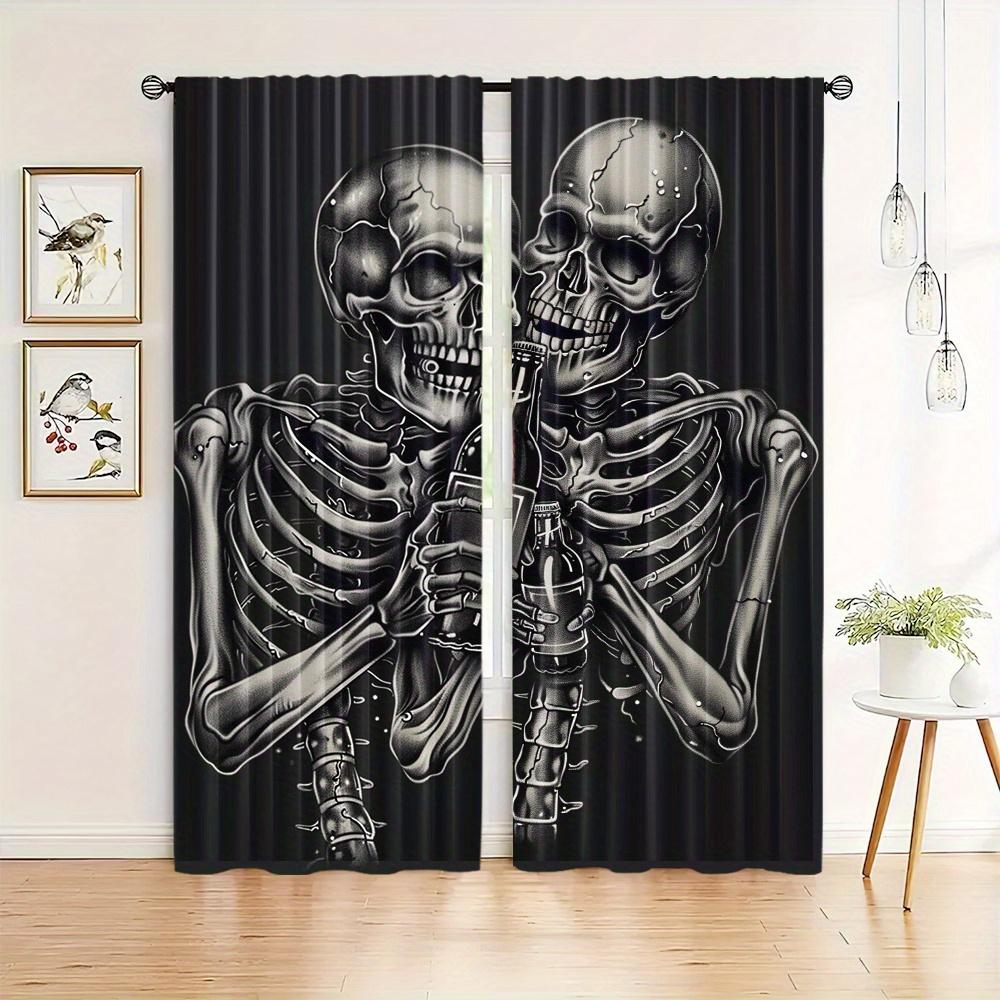 2pcs Halloween Red Rose Gothic Skeleton Rod Pocket Curtain For Living Room Bedroom Office Child Room Decor Study Coffee Shop