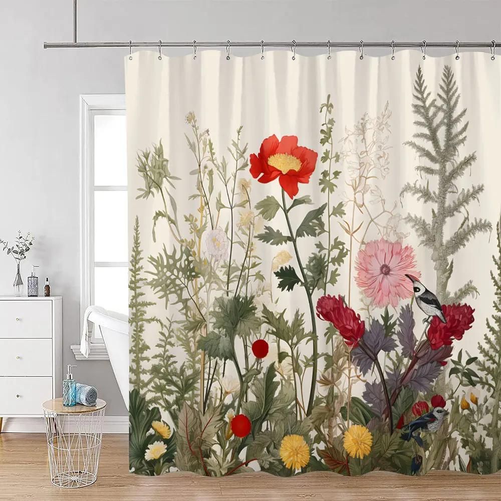 Floral Butterfly Shower Curtains Black and White Flowers Botanical Watercolour Art Modern Minimalist Bathroom Curtain Decor Sets