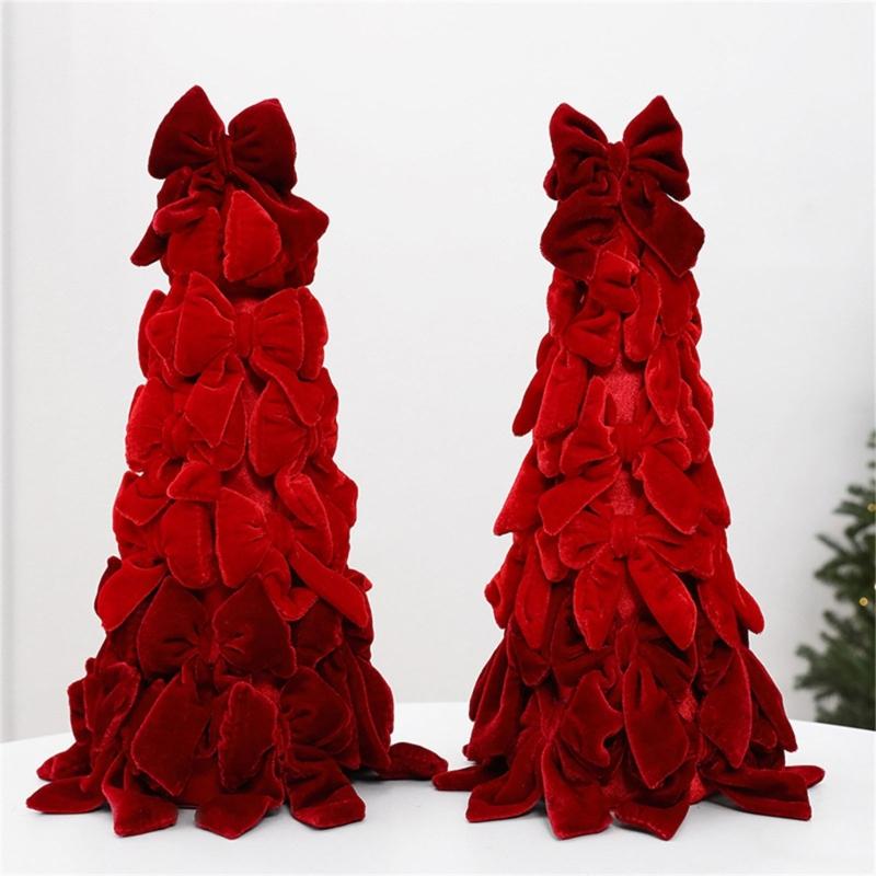 Red Christmas Tree Decoration Soft Velvety Layered Bowknot Tabletop Ornament for Holiday Tabletop Shelves and Mantels Indoor Display